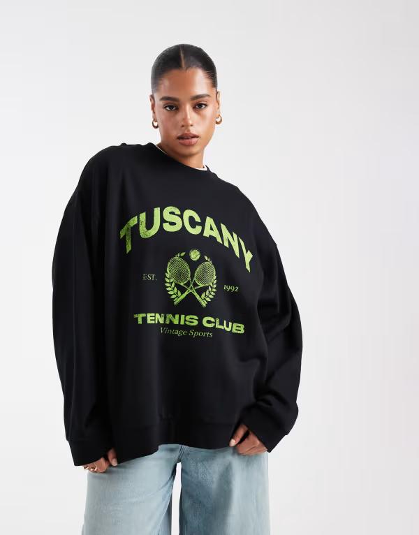 エイソス レディース アウター パーカー・スウェット シャツ グラフィック ASOS Curve ASOS DESIGN Curve oversized sweatshirt with Tuscany graphic Black ブラック
