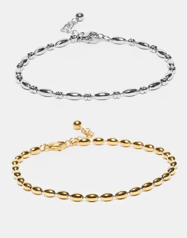 エイソス メンズ アクセサリー ブレスレット・バングル・アンクレット Tシャツ ASOS DESIGN waterproof stainlessteel 2 pack puffed bead chain bracelet in multi マルチカラー 8,380円