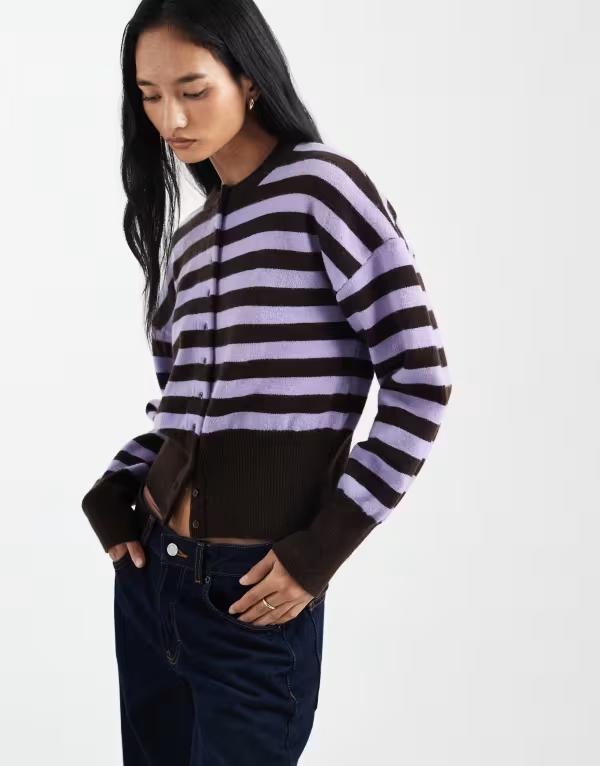デイジーストリート レディース アウター カーディガン Daisy Street fitted waist cardigan in lilac brown stripes LILAC BROWN STRIPES ライラック