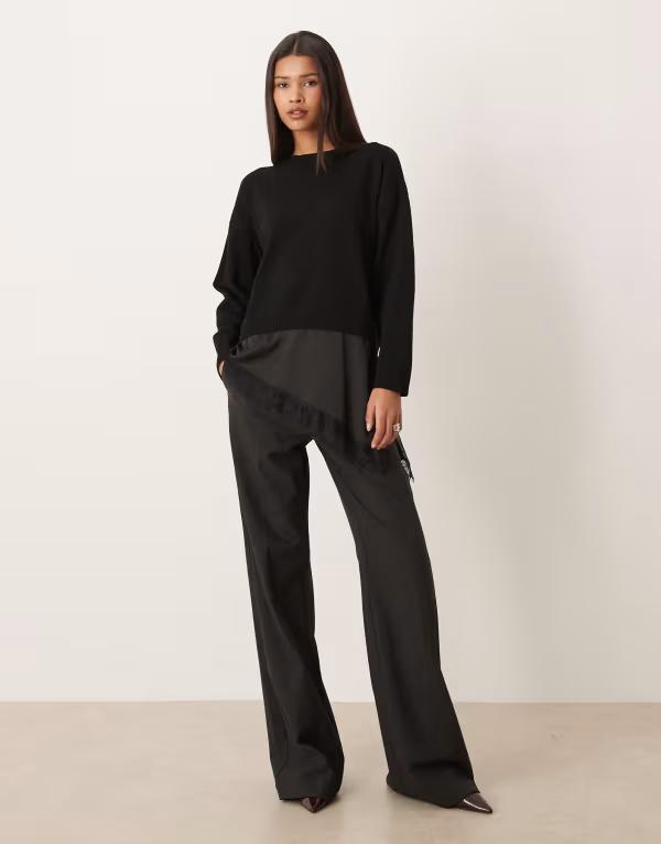 マンゴ レディース アウター ニット・セーター サテン レース Mango sweater with satin and lace underlay Black ブラック