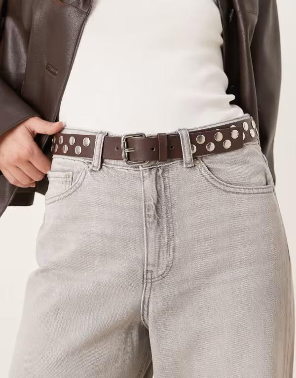 マンゴ レディース アクセサリー ベルト レザー フェイクレザー Mango faux leather studded belt BROWN ブラウン
