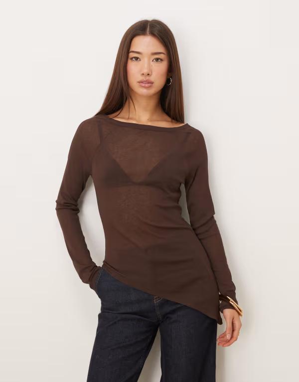 エイソス レディース トップス プルオーバー 非対称 ASOS DESIGN asymmetric longline boat neck top インチ chocolate BROWN 赤銅色