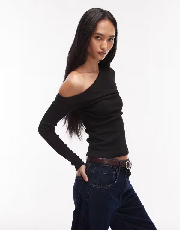 エイソス レディース トップス プルオーバー 非対称 肋筋 ASOS DESIGN ribbed twisted asymmetric long sleeve top Black 黒いこと