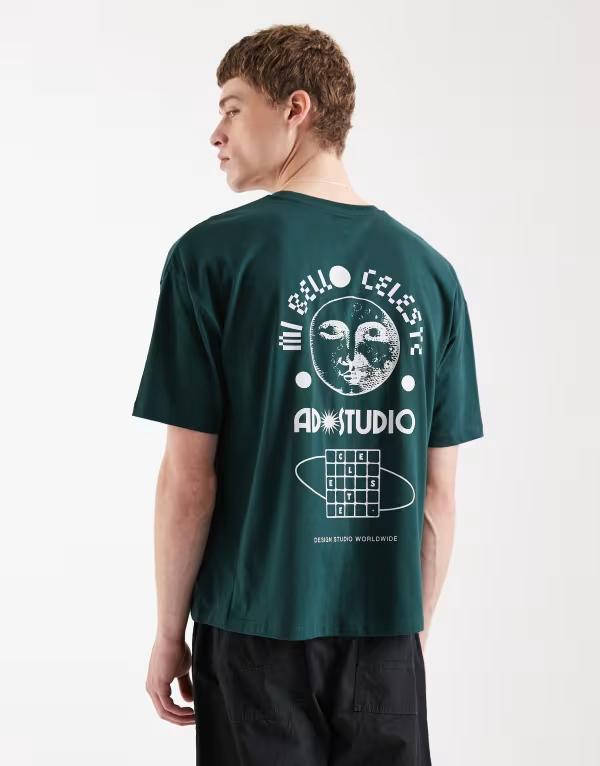 エイソス メンズ トップス Tシャツ プリント ASOS DESIGN boxy oversized T-shirt with celestial print in dark Scarab グリーン