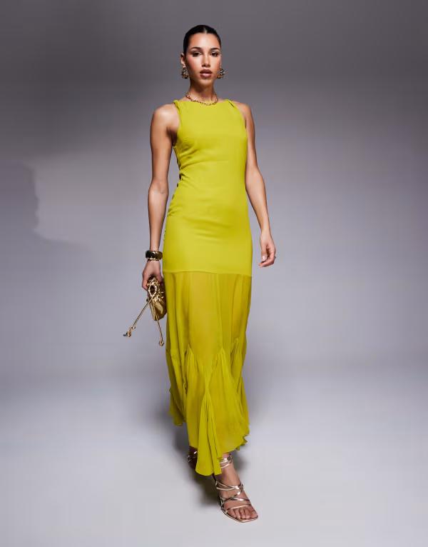 エイソス レディース トップス 衣装 マキシ ASOS DESIGN dropped waist maxi dress witth full godet hem インチ lime 菩提樹