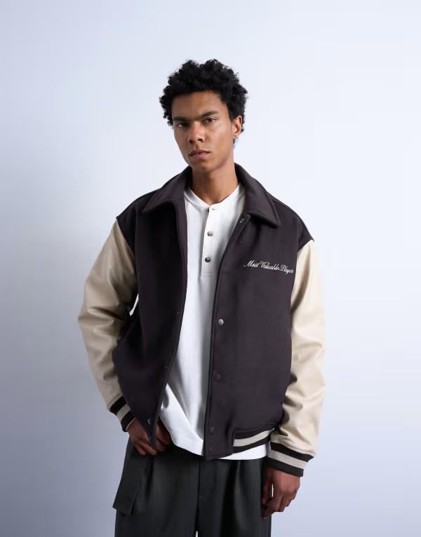 トップマン メンズ アウター ジャケット・ブルゾン 刺繍 Topman embroidered varsity jacket BROWN ブラウン
