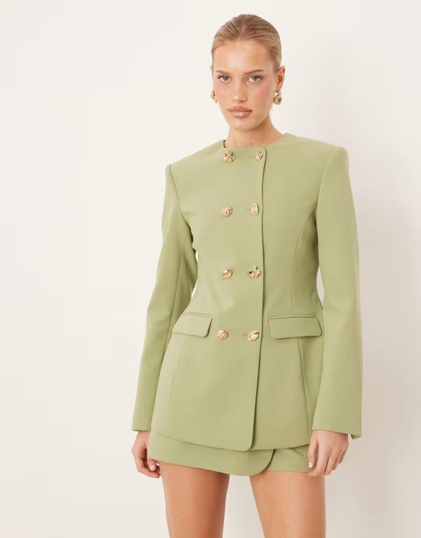 エイソス レディース アウター ジャケット・ブルゾン ハイネック ブレザー ASOS DESIGN tailored high neck double breasted blazer with mixed buttons Khaki カーキ 21,868円