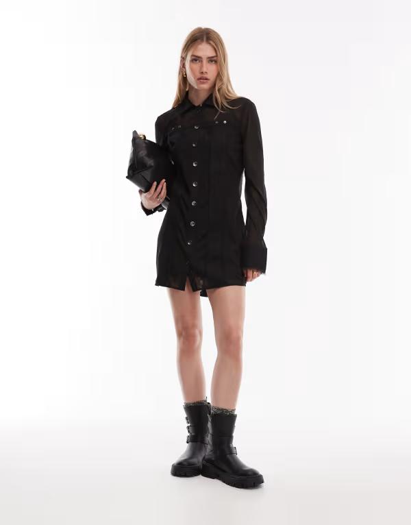 エイソス レディース トップス ワンピース ミニ シャツ シアー コントラスト ASOS DESIGN sheer shirt mini dress with contrastwill detail Black ブラック