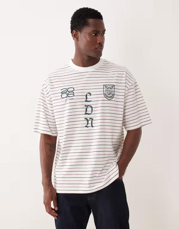 エイソス メンズ トップス Tシャツ グラフィック ASOS DESIGN oversized t-shirt with graphics in cream stripes Multi マルチカラー