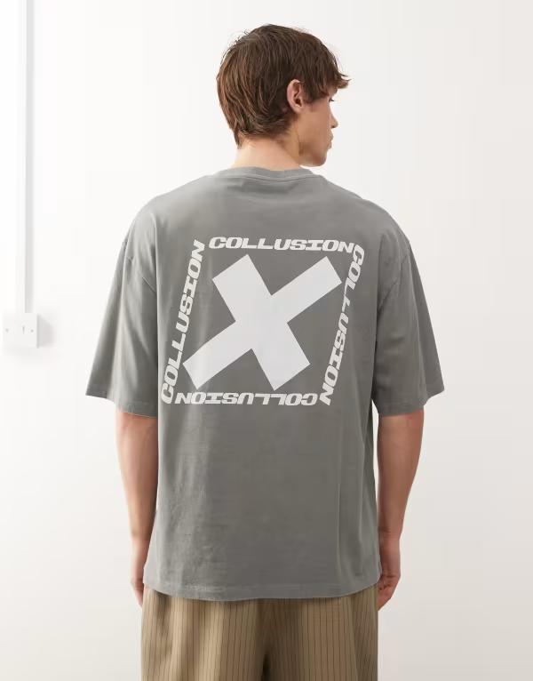 コルージョン メンズ トップス Tシャツ ロゴ COLLUSION logo t-shirt CHARCOAL チャコール