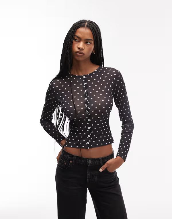 エイソス レディース トップス シャツ ドット柄 ドット シアー ASOS DESIGN sheer polka dot button up neat fitop Black ブラック
