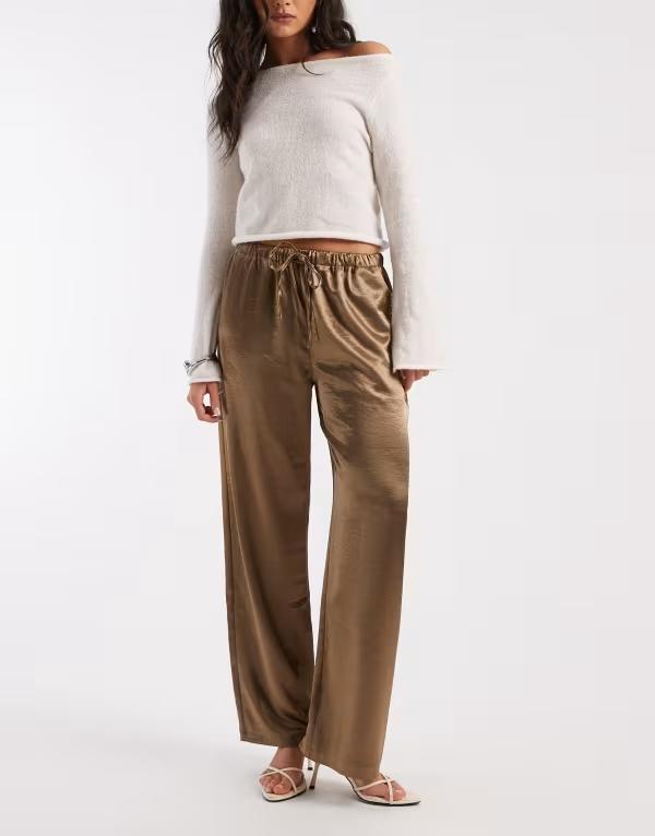 フォース\u0026レックレス レディース ボトムス 心地好いズボン下 引っ切りない 繻子 4th \u0026 Recklessatin straight leg tie waist pants Khaki カーキ パンツ-ボトムス-レディースファッション