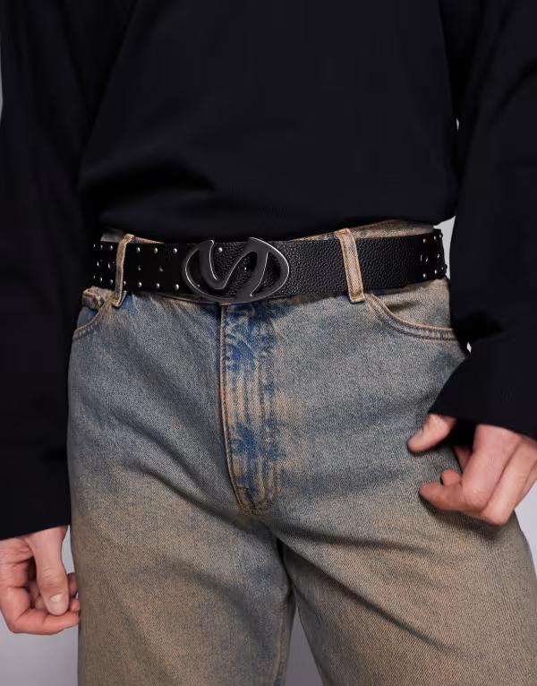 エイソス メンズ 付属品 胴締め ASOS DESIGN belt with molten oval buckle and holembellishments Black 黒いこと