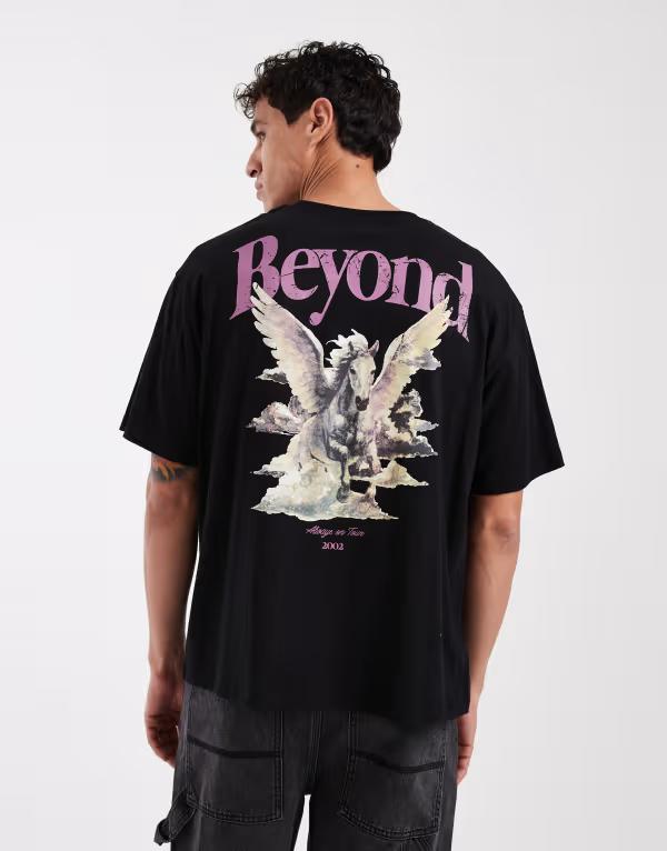 ジャック アンド ジョーンズ メンズ トップス Tシャツ プリント Jack & Jones boxy T-shirt with Pegasus back print Black ブラック|ReVida 店