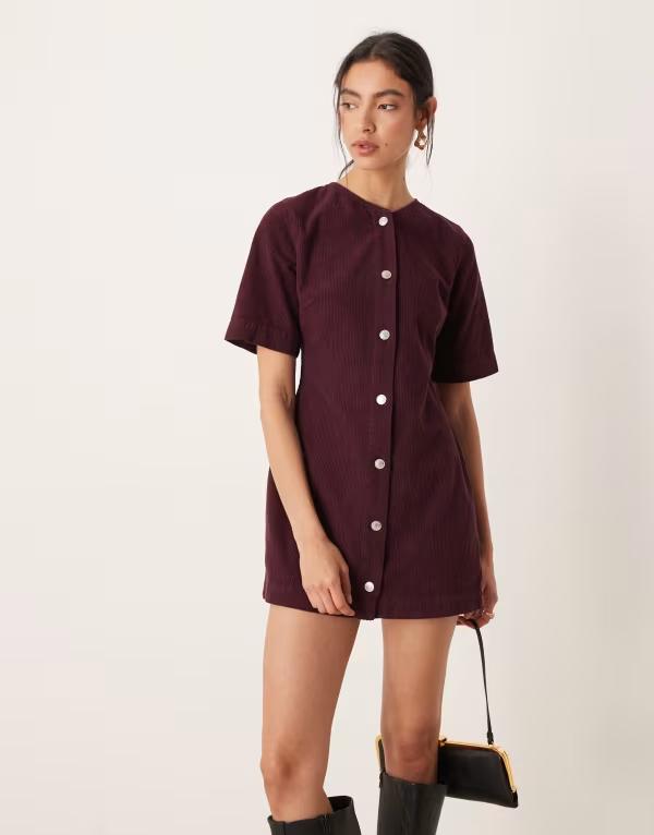 エイソス レディース トップス ワンピース コーデュロイ ミニ ASOS DESIGN corduroy button through mini dress in plum プラム
