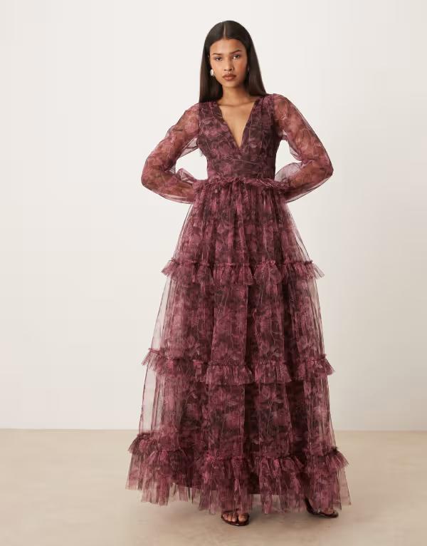 レース アンド ビーズ レディース トップス ワンピース フラワー柄 フリル マキシ フラワー Lace & Beads long sleeve ruffle maxi dress in raspberry floral RASPBERRY FLORAL 59,800円