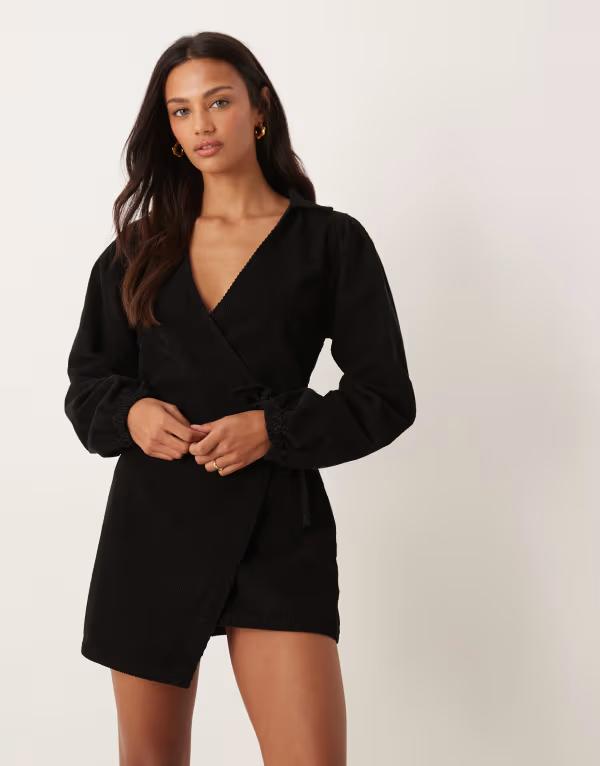エイソス レディース トップス 衣装 コール天 ASOS DESIGN corduroy puff sleeve wrap dress Black 黒いこと