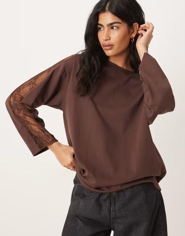 エイソス レディース アウター パーカー・スウェット レーストリム レース ASOS DESIGN long sleeve oversized top with lace trim detail in chocolate チョコレート