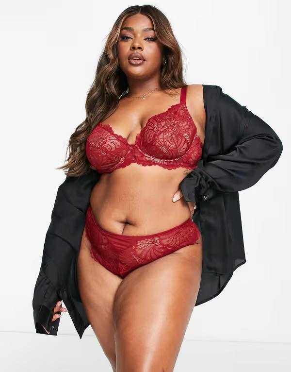 エイソス レディース アンダー御召しもの ブラ スピード競技 ASOS Curve ASOS DESIGN Curve Sienna lace underwire plunge bra Burgundy バーガンディ