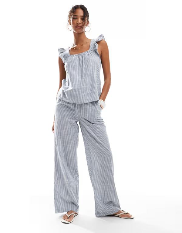 ピーシーズ レディース ボトムス 心地好いズボン下 ワイドレッグ 綿織物 Pieces mix and match tie waist cotton wide leg pantstripe Coronet blue 青み