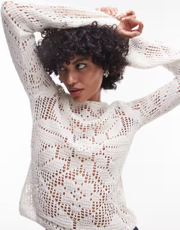 トップショップ レディース トップス Tシャツ レース ニット Topshop knit slash neck lace long sleeve top ivory アイボリー