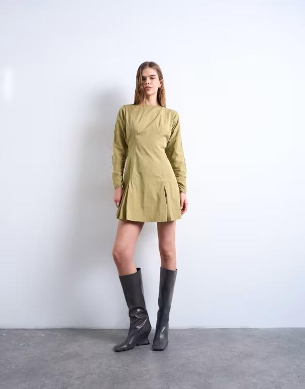 トップショップ レディース トップス ワンピース ミニ Topshop structured flippy hemini dress in olive オリーブ