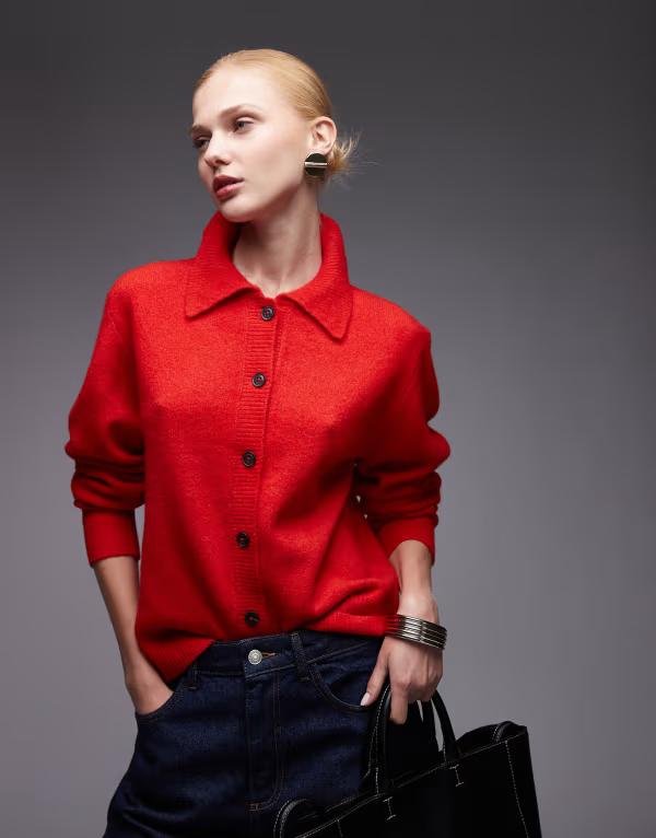 エイソス レディース アウター 編み物・プルオーバー スポーツシャツ ASOS DESIGN compact boxy polo top Red 赤いこと セーター-レディースファッション