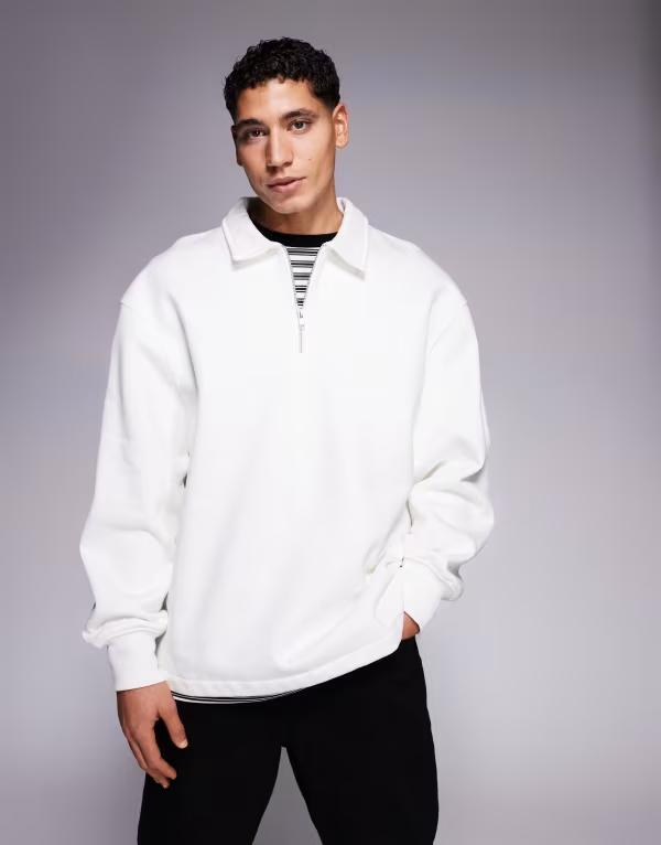 エイソス メンズ アウター パーカー・スウェット シャツ ASOS DESIGN oversized heavyweight collared sweatshirt with zip in cream Coconut milk クリーム｜ReVida 店 9,235円