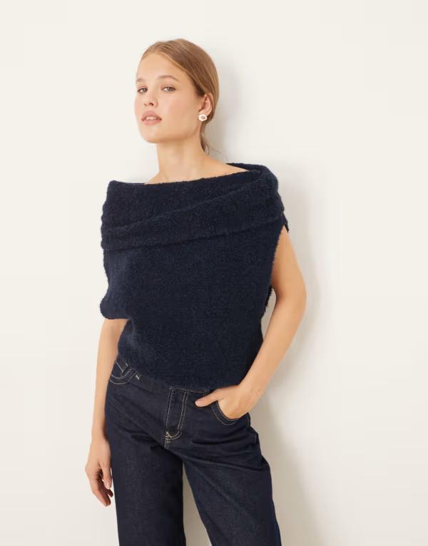 エイソス レディース トップス タンクトップ ニット ASOS DESIGN knit boucle fold over off the shoulder top Navy ネイビー