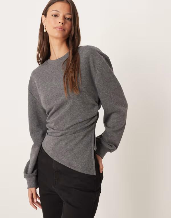 エイソス レディース トップス シャツ アシンメトリー スウェット ASOS DESIGN asymmetricinched sweatshirt in charcoal チャコール