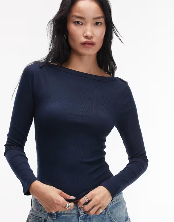 エイソス レディース トップス Tシャツ ASOS DESIGN boat neck long sleeve top with binding detail NAVY ネイビー 6,445円