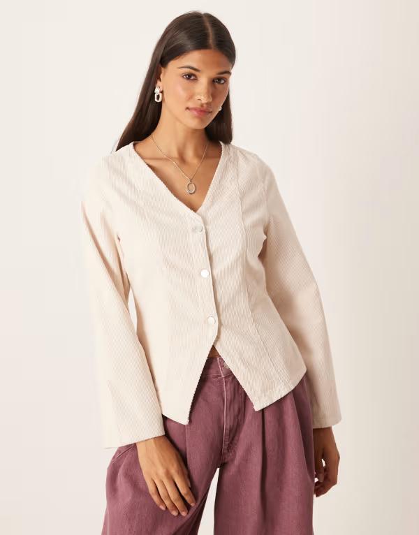 エイソス レディース トップス シャツ ウエストマーク コーデュロイ ASOS DESIGN long sleeve corduroy top with cinched waistONE ストーン
