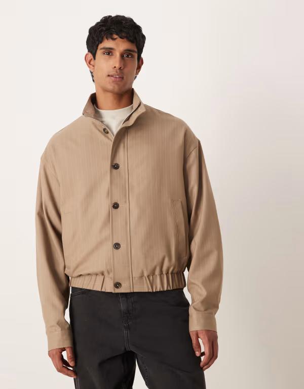 エイソス メンズ アウター 上衣・上衣 ASOS DESIGN relaxedressy track jacket stripes BROWN 赤銅色 コート・ジャケット-メンズファッション