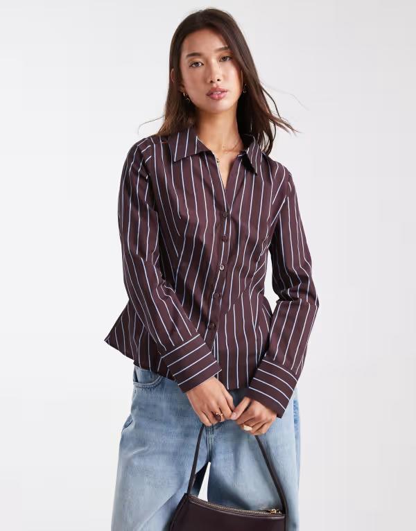 ミスセルフフリッジ レディース トップス シャツ Misselfridge poplin fitted shirt in chocolate pinstripes CHOCOLATE PINSTRIPE チョコレート