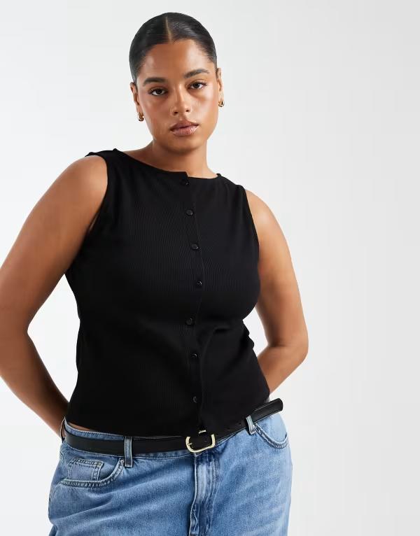 エイソス レディース トップス タンクトップ ASOS Curve ASOS DESIGN Curve wide neck button up tank top Black ブラック
