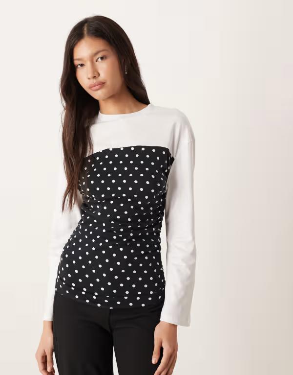 エイソス レディース トップス シャツ ドット柄 ドット ASOS DESIGN cinched polka dot long sleeve top WHITE ホワイト
