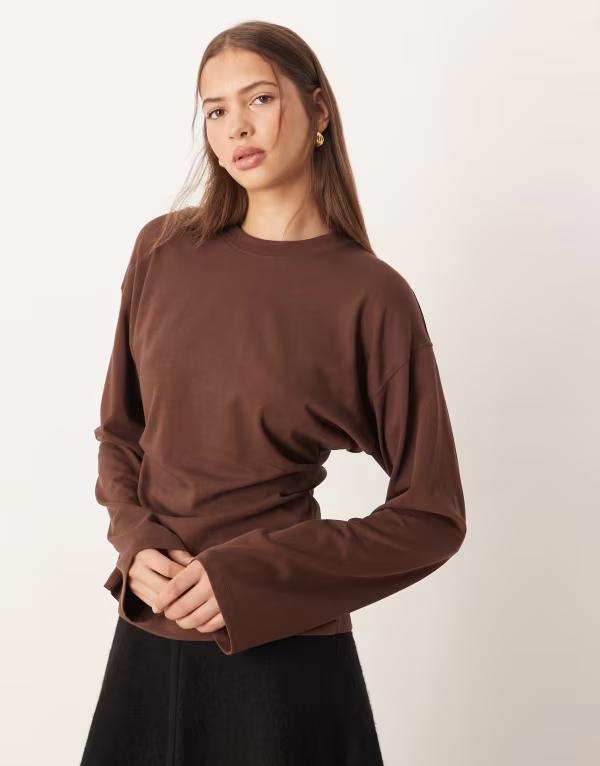 エイソス レディース トップス プルオーバー ASOS DESIGN long sleeve corset waistee インチ chocolate Choc 黒茶