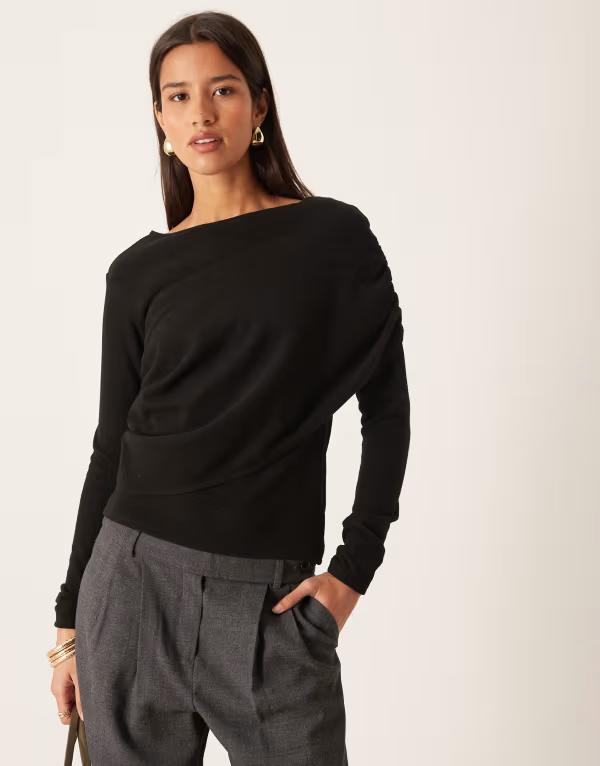 エイソス レディース トップス Tシャツ ASOS DESIGN Supersoft wrap detailong sleeve top Black ブラック