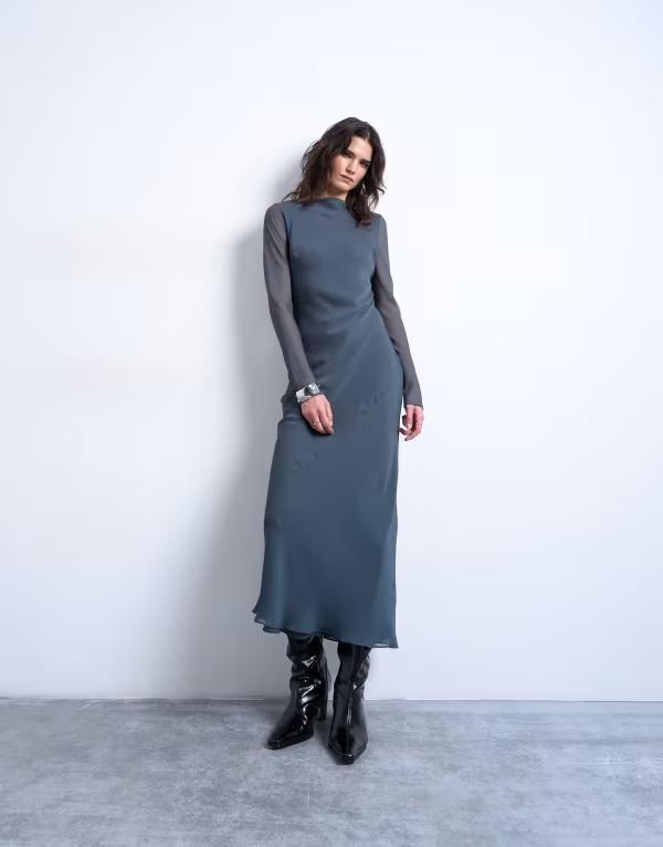トップショップ レディース トップス ワンピース シフォン マキシ Topshop slash neck chiffon maxi dress in petrol