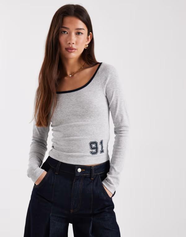 コットンオン レディース トップス シャツ グラフィック Cotton 91 graphic off shoulder top heather Gray Marle グレー