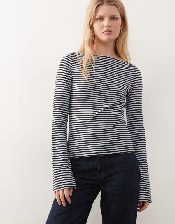 ウィークデイ レディース トップス Tシャツ Weekday Annie soft boat neck long sleeve top in chocolate brown and light blue stripexclusive to ASOS Brown & blue ブルー