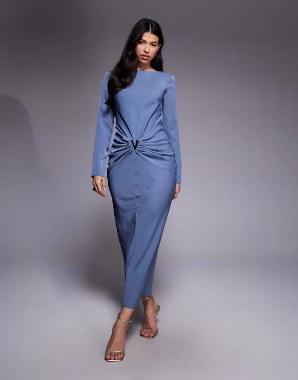 エイソス レディース トップス 衣装 ドレープ スコート マキシ ASOS DESIGN draped skirt maxi dress with gold-tone trim detail Blue 青み