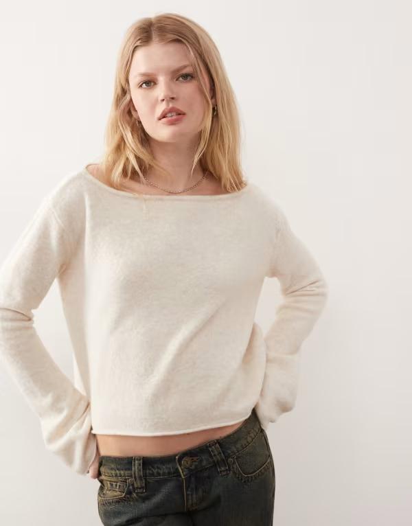 モンキ レディース アウター カーディガン セーター ニット Monki relaxed off the shoulder knit sweater White ホワイト|ReVida 店