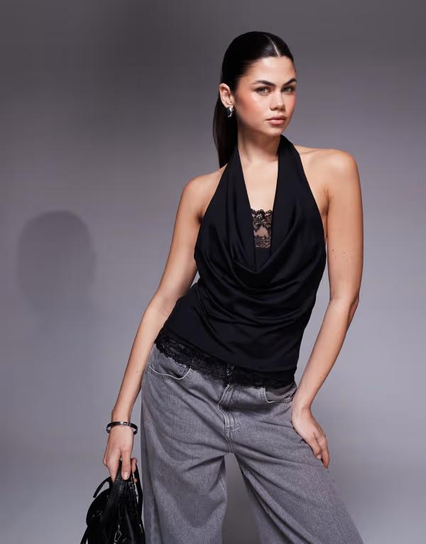 エイソス レディース トップス プルオーバー スピード競技 ASOS DESIGN cowl neck top with lace double layer peek a boo Black 黒いこと