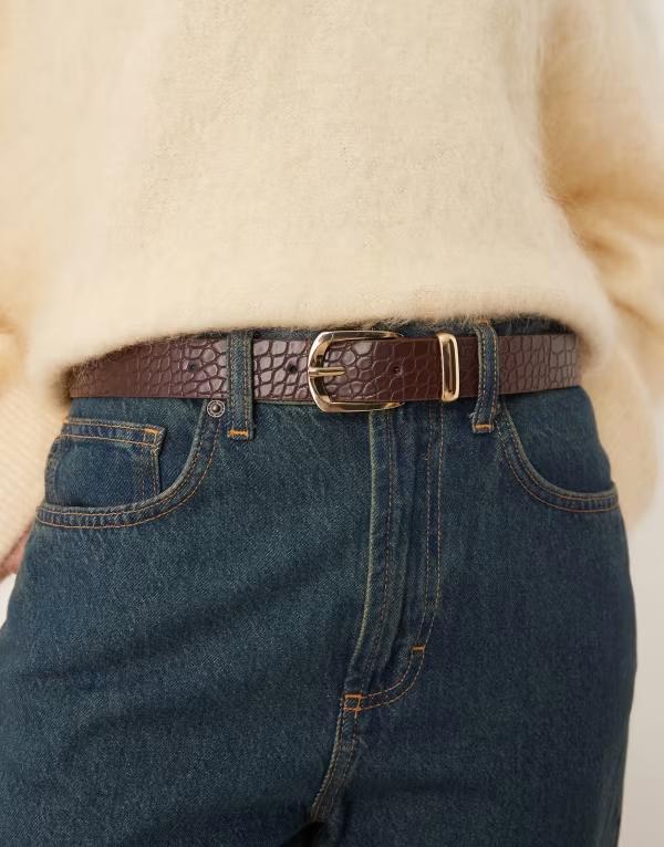 マンゴ レディース アクセサリー ベルト Mango faux croc textured belt BROWN ブラウン｜ReVida 店