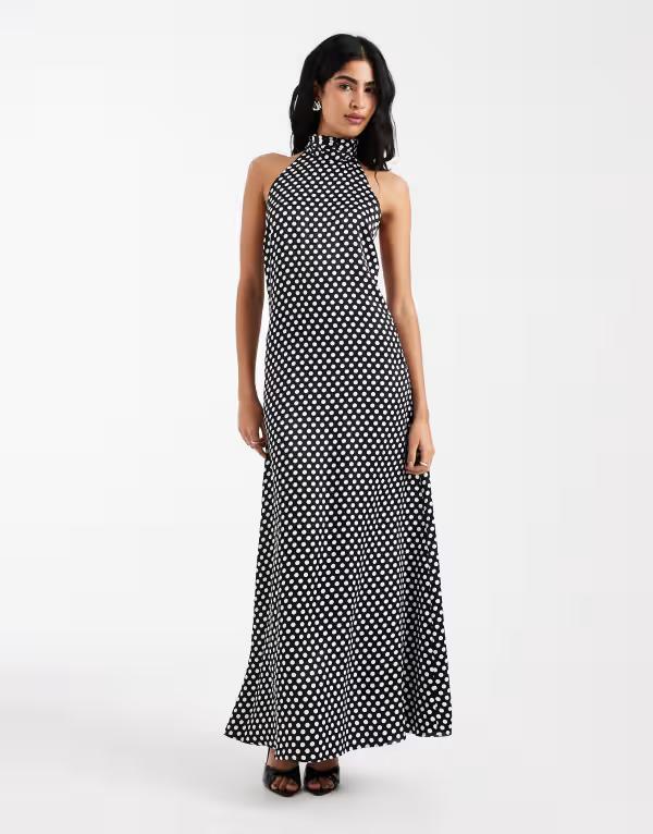 エイソス レディース トップス 衣装 点点柄 点点 繻子 マキシ ホルター ASOS DESIGN satin halter low back maxi dress インチ polka dot Black Polka Dot 黒いこと