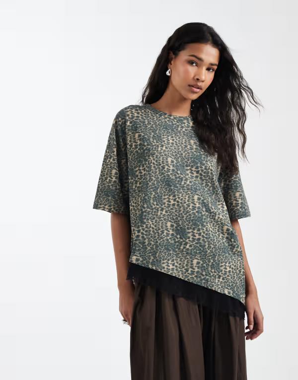 エイソス レディース トップス ティーシャツ 刷り上げる スピード競技 ASOS DESIGN oversized leopard print with lace hemulti マルチ色合い レディースファッション-Tシャツ・カットソー