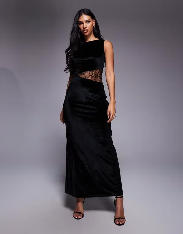 エイソス レディース トップス Tシャツ マキシワンピース ベルベット レース マキシ ASOS DESIGN velvet maxi dress with lace insert Black ブラック