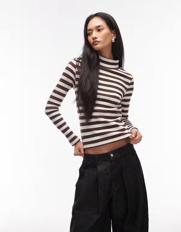 エイソス レディース トップス Tシャツ スタンドネック ASOS DESIGN pointelle long sleeve funnel neck top in stripe ストライプ