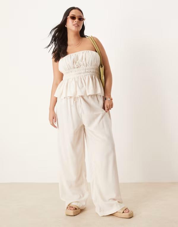 エイソス レディース ボトムス カジュアルパンツ ワイドレッグ リネン ASOS Curve ASOS DESIGN Curve Belle beach wide leg pants with linen inatural Natural
